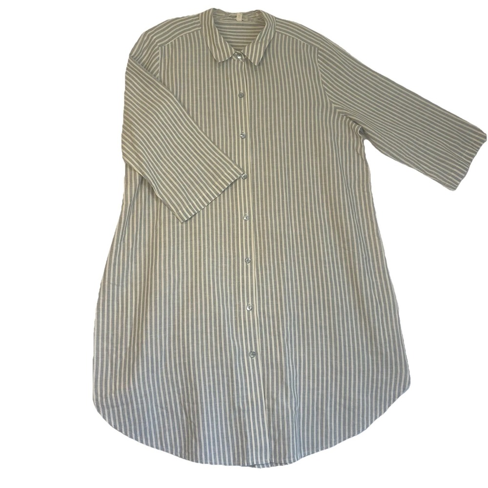 Eileen Fisher Organic Cotton Hemp Stripe Button Up Shirt Dress XL Lagenlook EUC